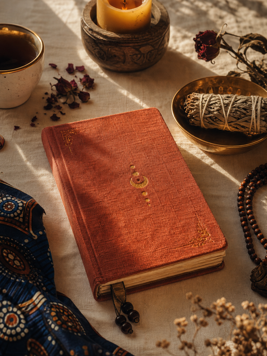 Grief journal, candle, sage, and African-print cloth