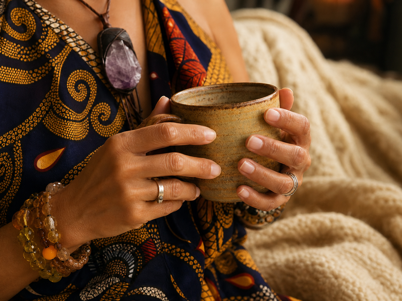 Hands holding a warm ceramic mug