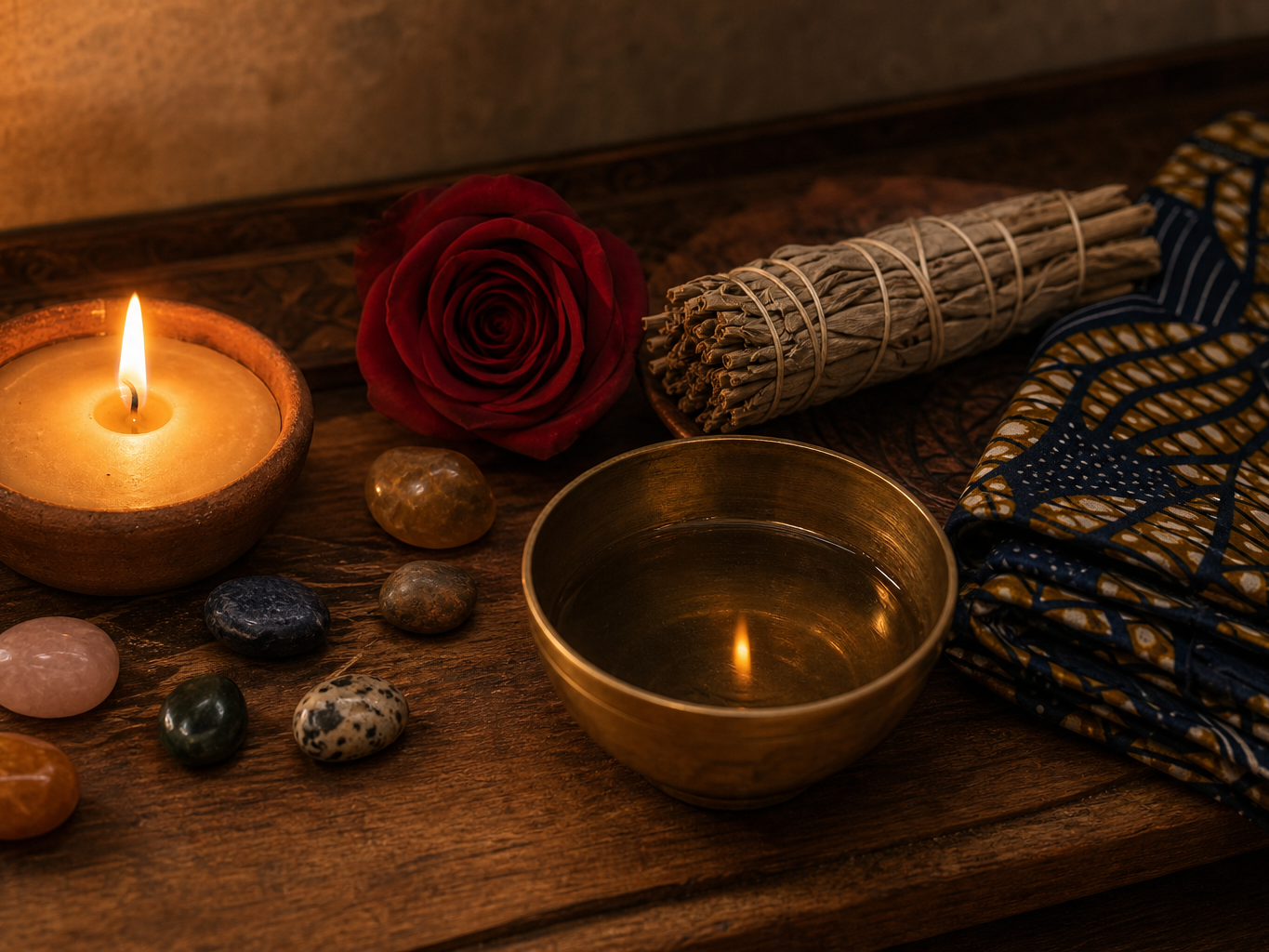 Sacred altar with candle, rose, sage, and brass bowl