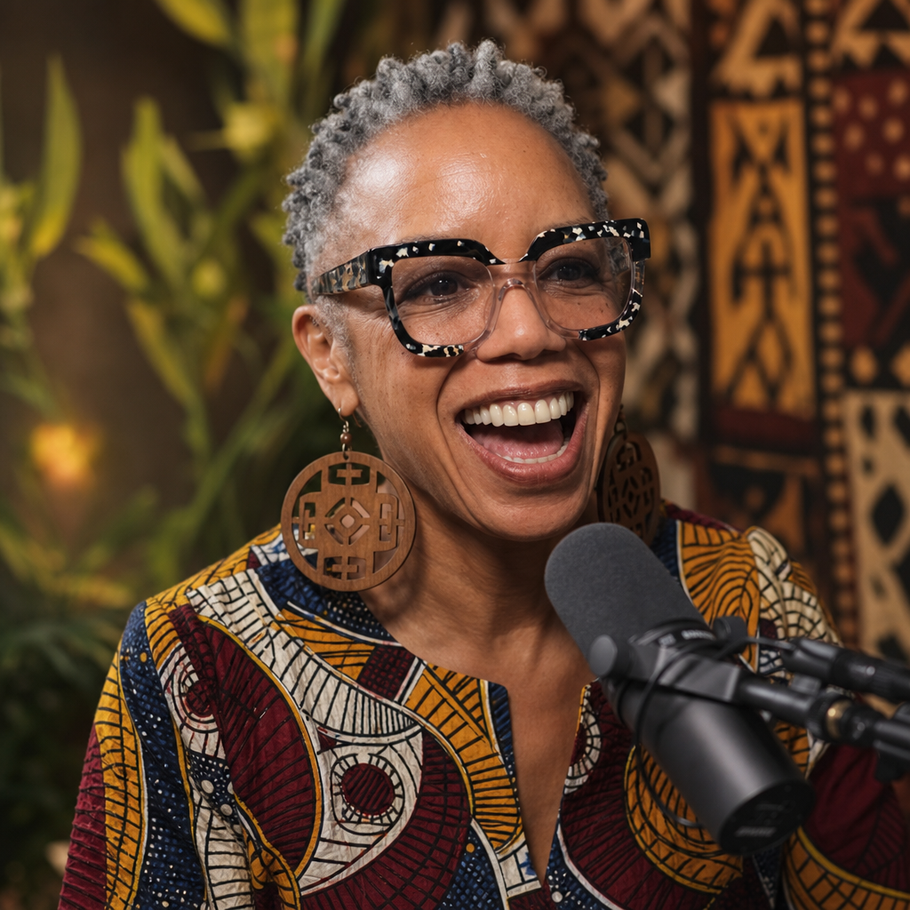 Bernadette laughing behind a podcast microphone