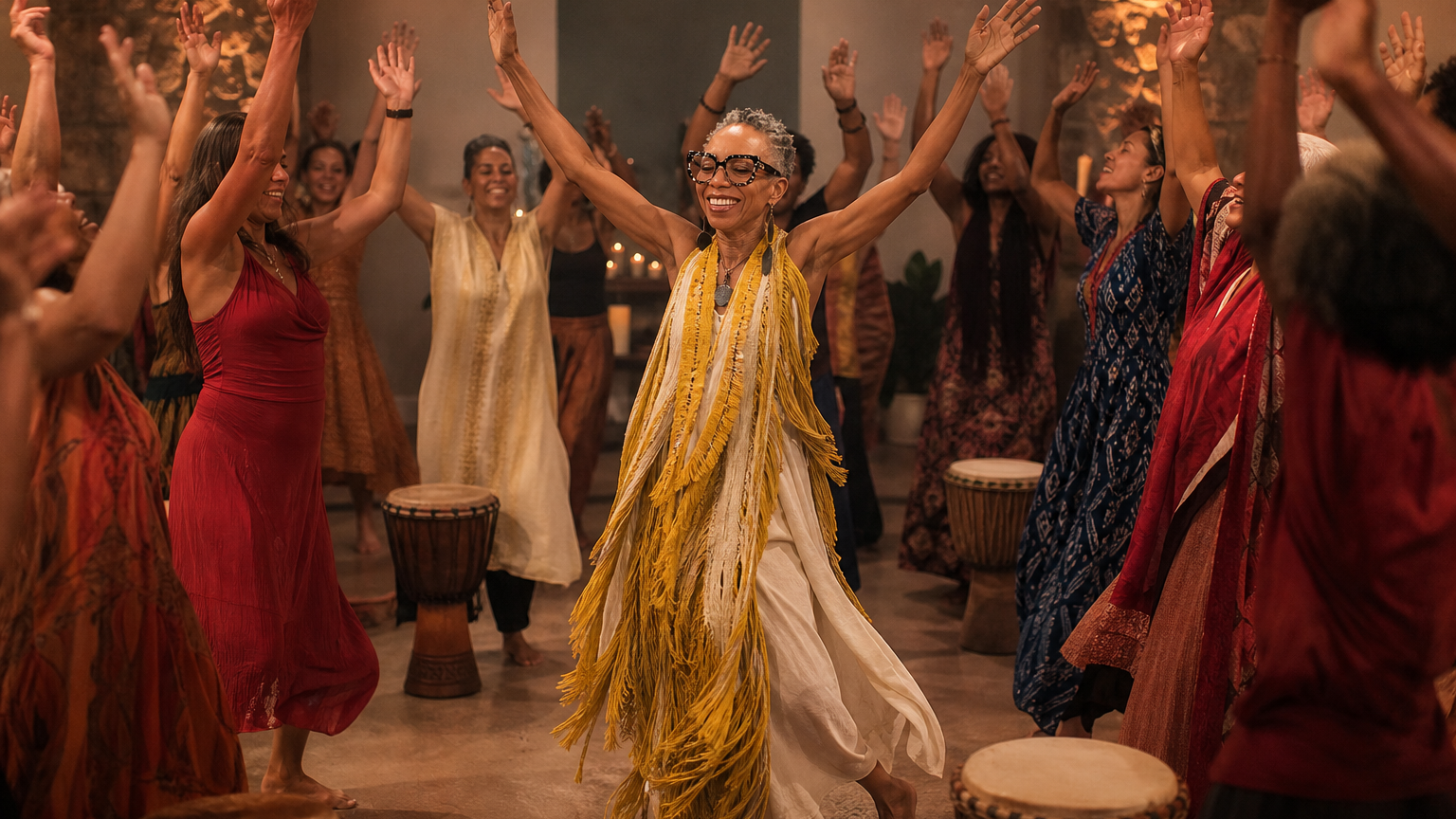 Bernadette leading a joyful movement circle