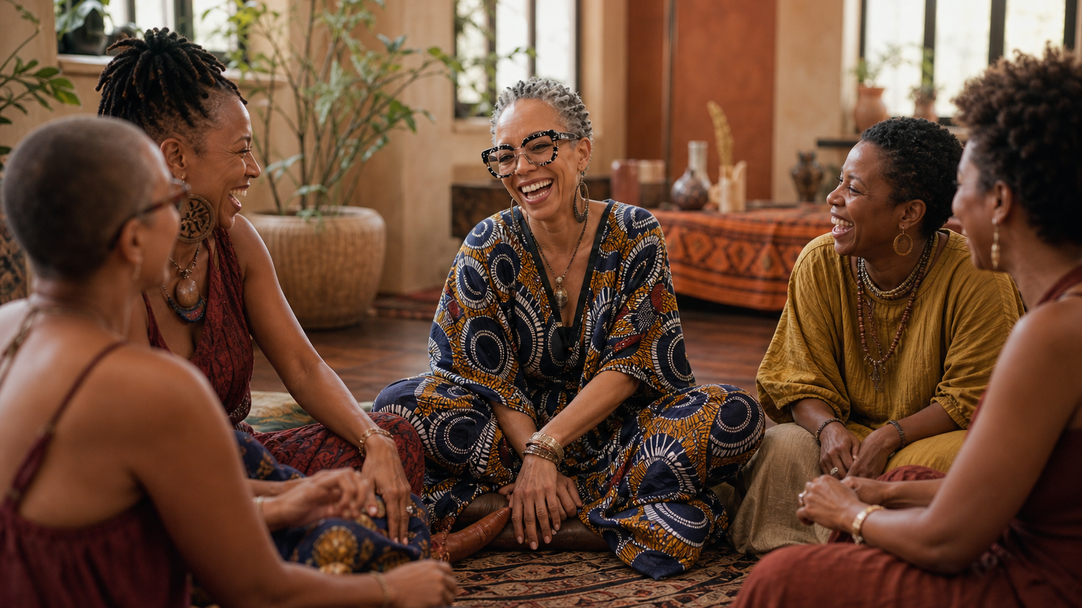 Bernadette laughing in a warm community circle