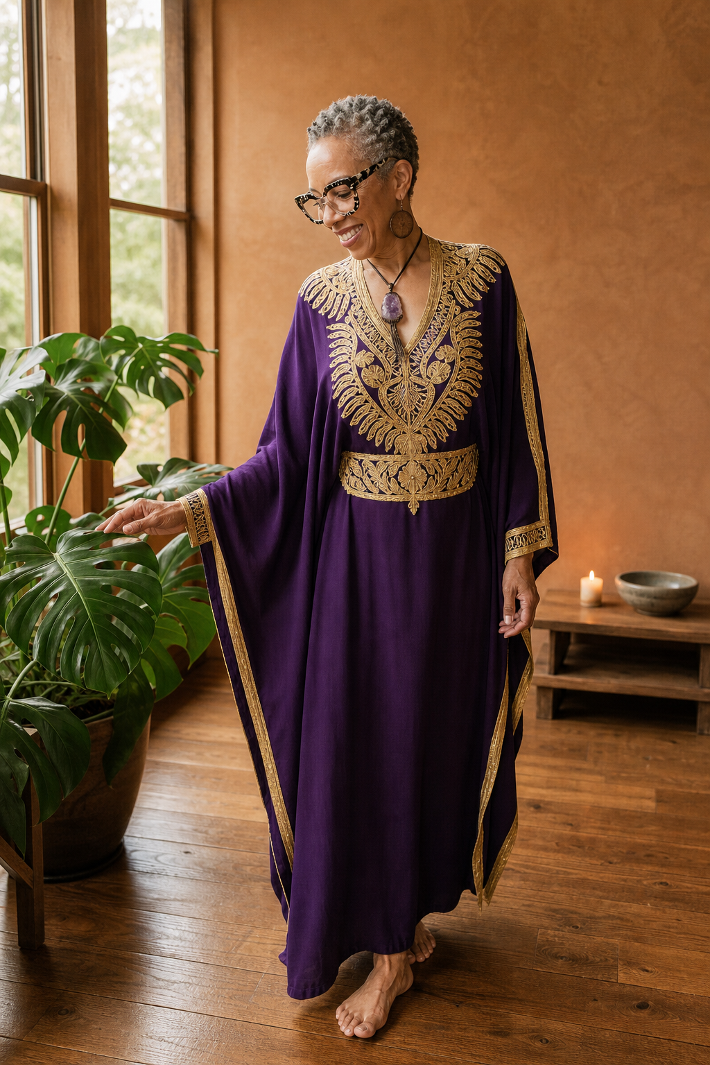 Bernadette in a regal purple and gold caftan